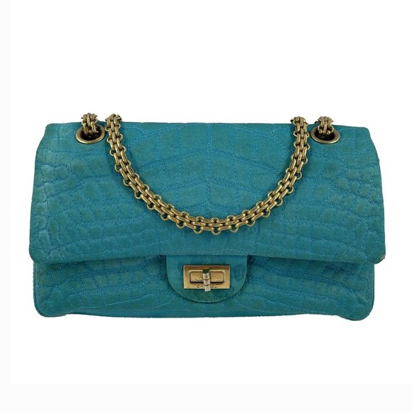 CHANEL - Reissue Small 2.55 Satin Crocodile Stitche - Turquoise / Gold Crossbody - Picture 3 of 15
